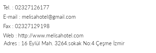 Melisa Hotel telefon numaralar, faks, e-mail, posta adresi ve iletiim bilgileri